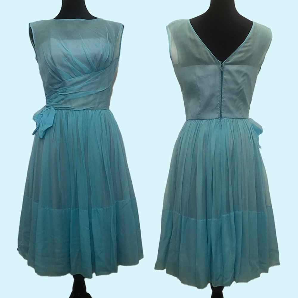Vintage 50s-60s Blue Sleeveless Party Dress
